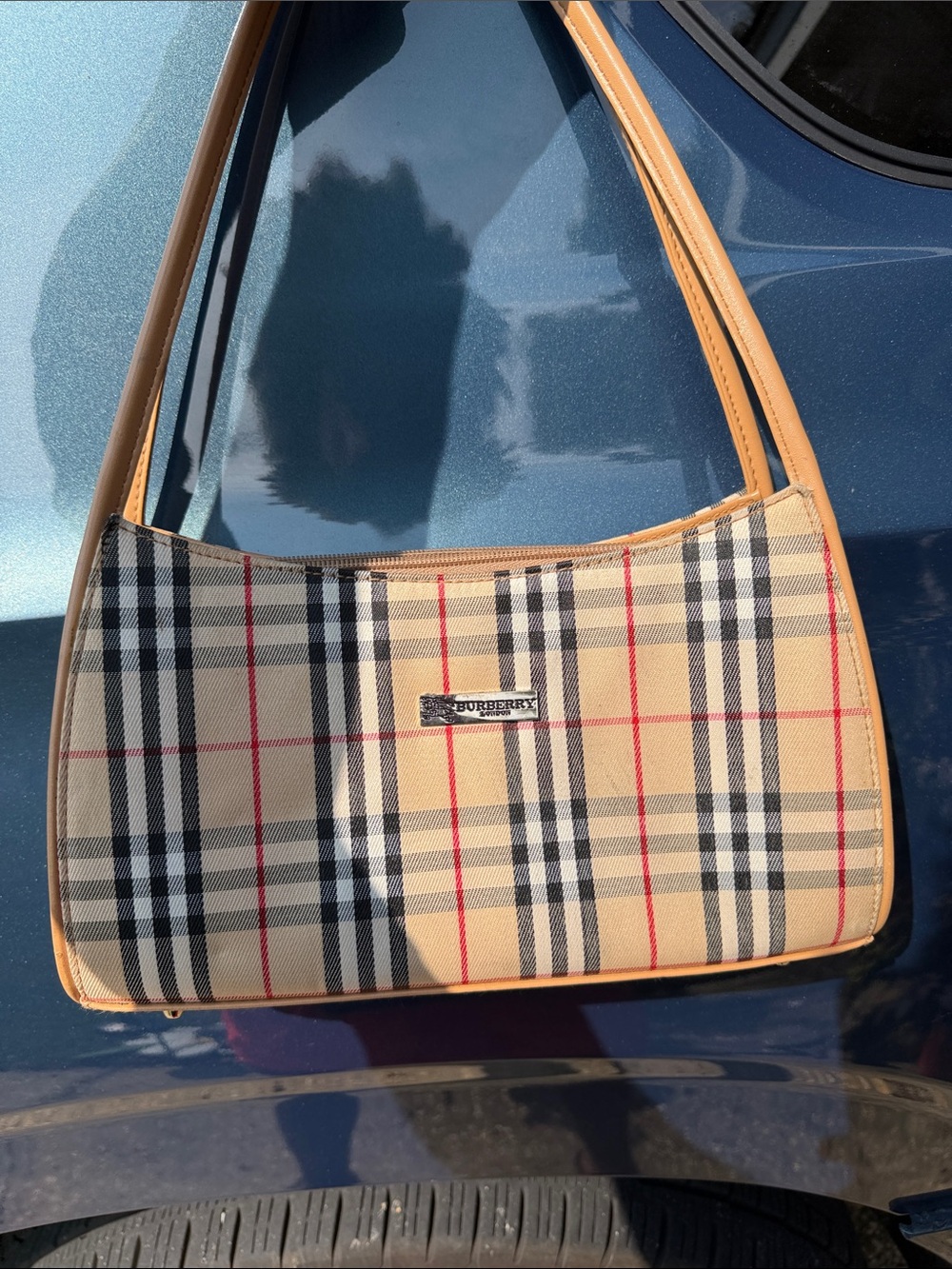 Burberry Beige Plaid Shoulder Bag with Tan Trim